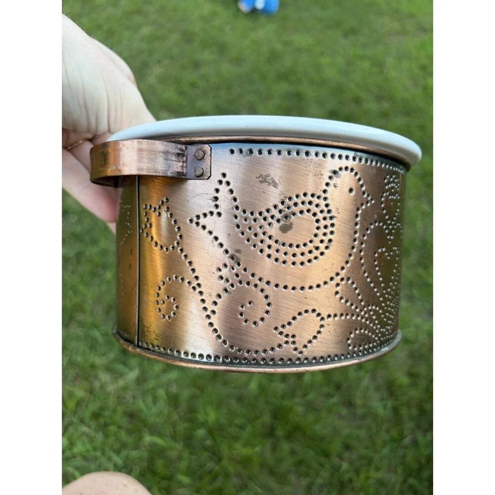Copper Floral Metal Holder Sleeve w/ Handles & White Enamel Mixing Bowl 2pc